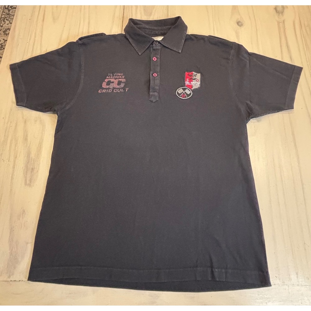Flying Machine Mens Black Biker Polo Shirt Large Full Throttle Racing Patches